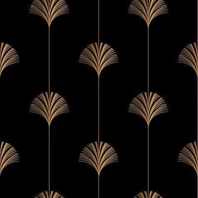 a black and gold wallpaper with an art deco style design on it's side