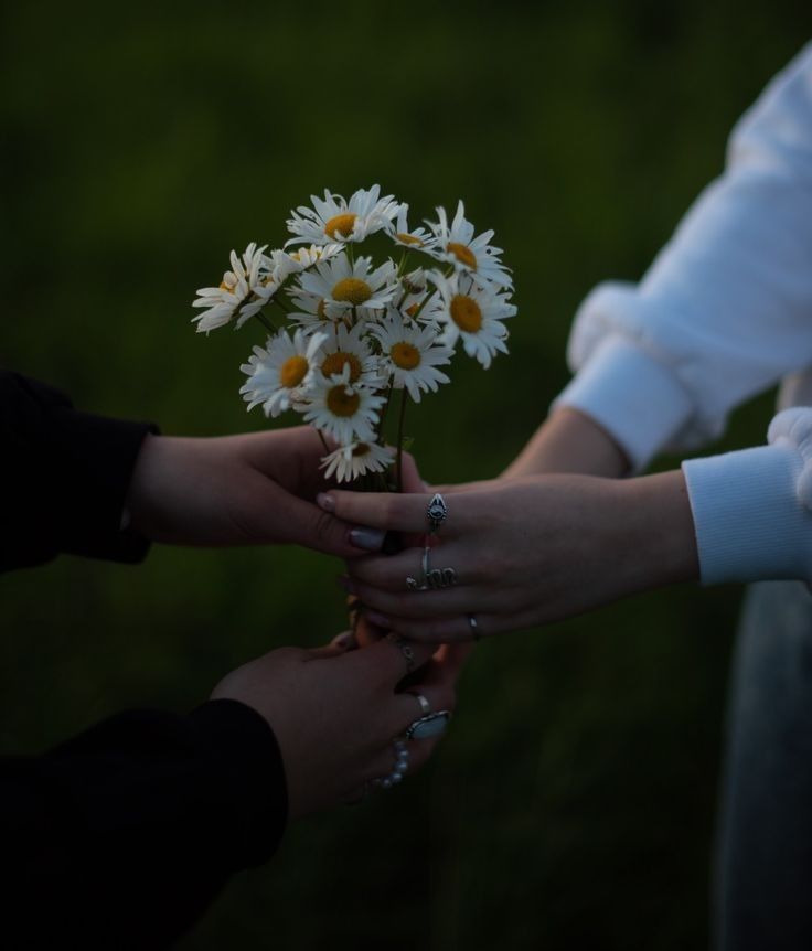 two people holding hands with daisies on their fingers in front of the other person's hand