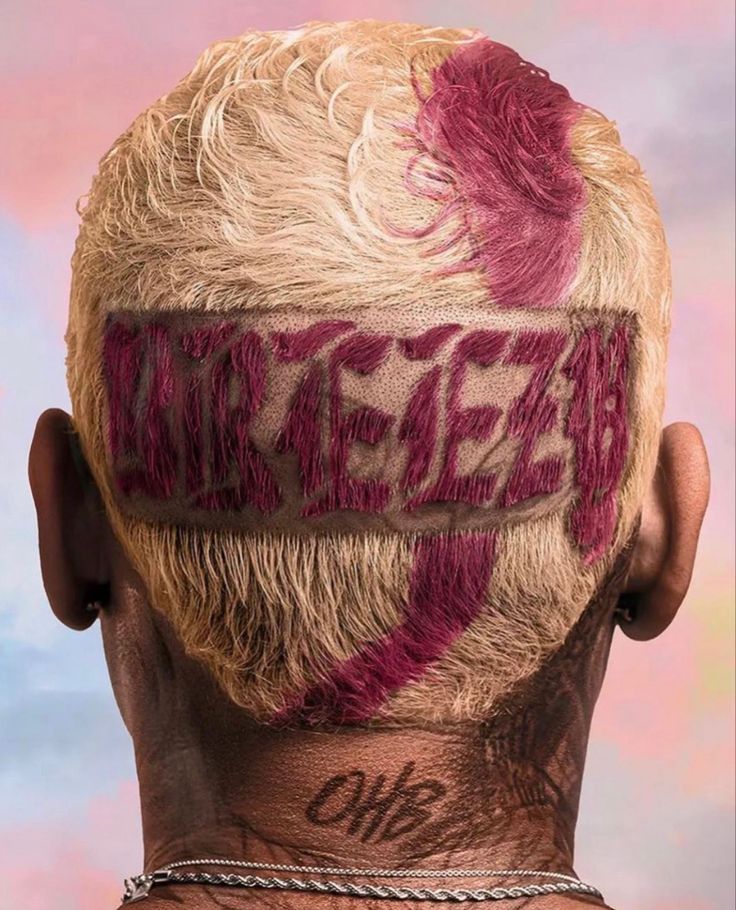 the back of a man's head with his hair dyed pink and white, has words written on it