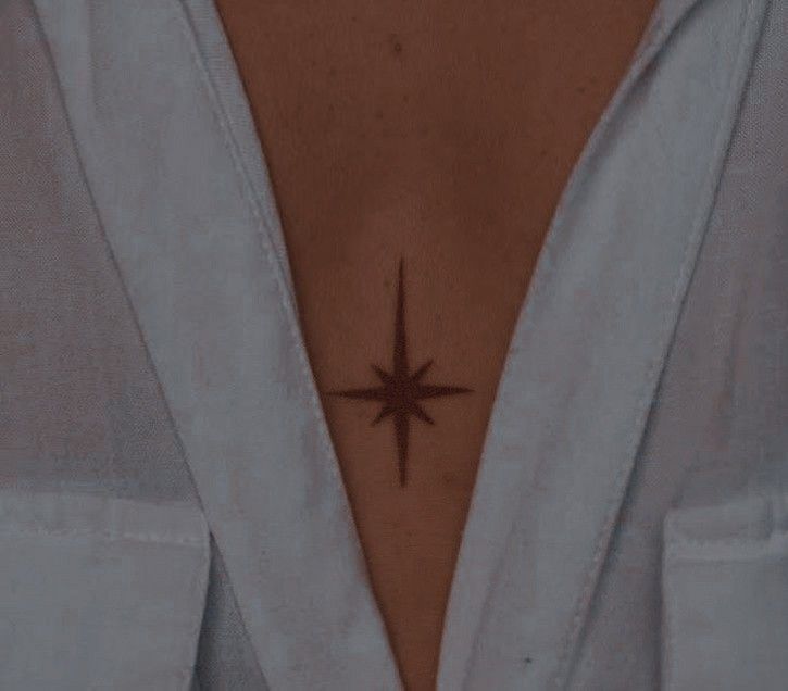 a person with a small star tattoo on their chest and behind her is a white shirt