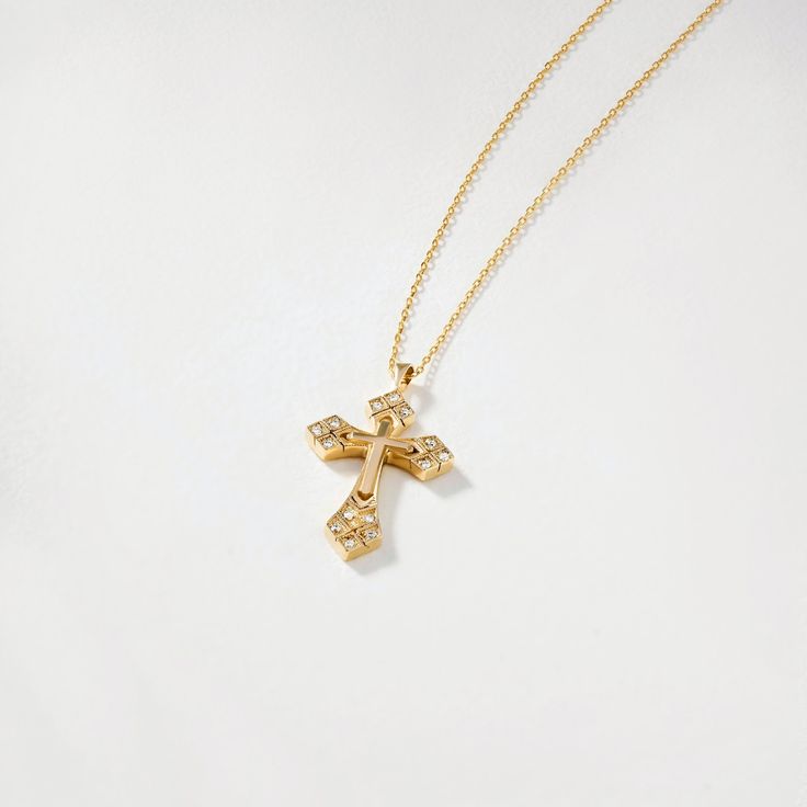 "1- P R O D U C T ∙  D E S C R I P T I O N This 14k gold cross necklace is a beautiful and timeless piece of jewelry, perfect for everyday wear or special occasions. The 14k gold material offers a stunning shine and durability, ensuring that this necklace will last for years to come. The cross design adds a touch of elegance and spirituality, making it a thoughtful gift for anyone who values faith. 2- P R O D U C T ∙  D E T A I L S Diamond quality: * Diamond carat: 0.06 ct. * Clarity: SI2 * Colo Dainty Yellow Gold Cross Pendant Necklace, Fine Jewelry Cross Necklace For Anniversary, Luxury Gold Plated Cross Pendant Necklaces, Gold Cross Pendant Necklace With Diamond Accents, Elegant Gold Plated Cross Pendant Necklace, Yellow Gold Cross Necklace With Clavicle Chain, White Gold Cross Necklace With Clavicle Chain, Luxury Gold Plated Cross Necklace, Gold Pendant Cross Necklace Fine Jewelry