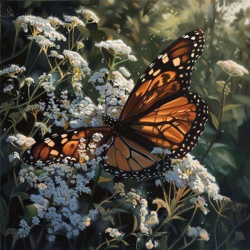 a painting of two butterflies on white flowers