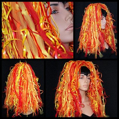 four different views of a woman's hair with orange and yellow streamers on it