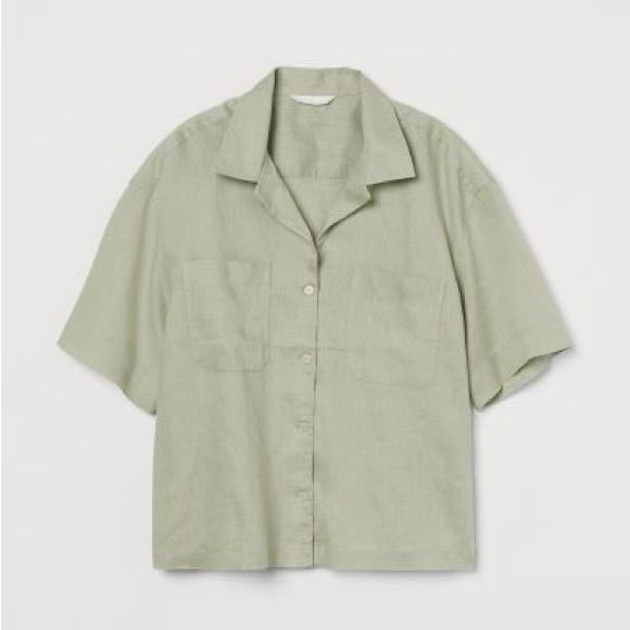 H&M Size L New With Tags Sage Green Short Sleeve Button Up Armpit To Arm Pit: 20” Length: 24.5 H&m Relaxed Fit Shirt With Buttons, Classic Button-up Tops By H&m, Classic Button-up Tops From H&m, Classic Button-up H&m Tops, H&m Collared Shirt With Button Closure, H&m Relaxed Fit Shirt With Button Closure, H&m Relaxed Fit Collared Shirt, H&m Button Closure Shirt For Spring, H&m Short Sleeve Work Tops