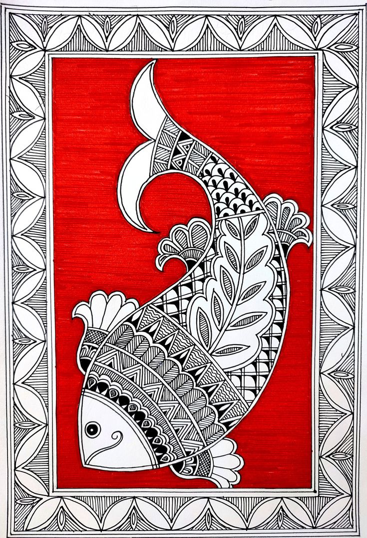 a red and white drawing of a fish in the middle of a square frame with an intricate