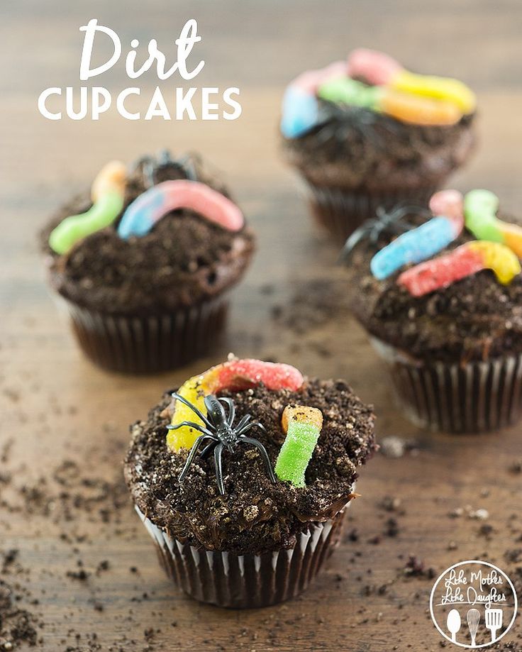 dirt cupcakes decorated with candy and candies