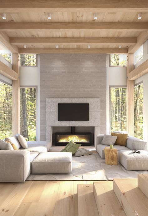 a living room filled with furniture and a fire place in the middle of a room