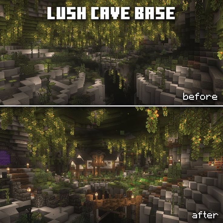 the before and after image of a lush cave base in minecraft, with trees growing from it