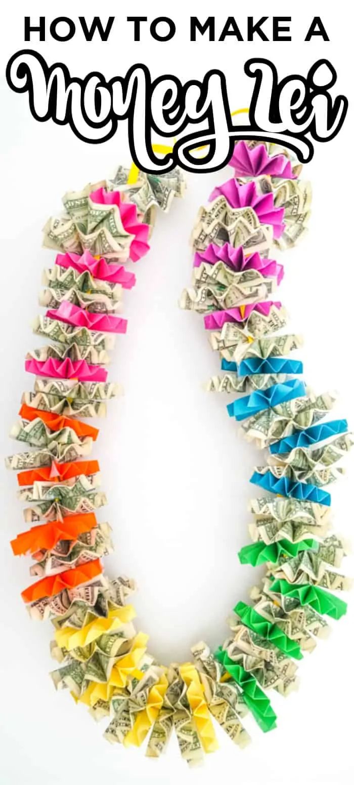 dollar bills arranged in the shape of a necklace with text overlay that reads how to make a money lei