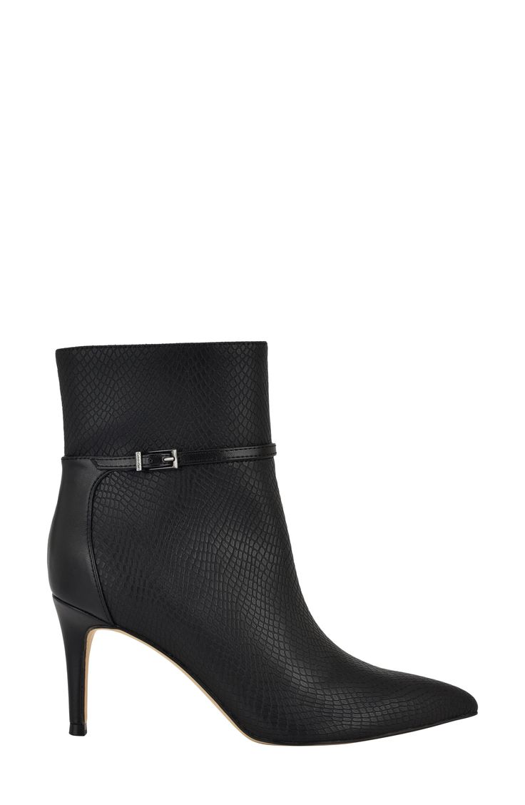 A narrow buckle strap adds an extra element of subtle poise to a pointy-toe bootie lifted by a stiletto heel. 3" heel Side zip closure Synthetic upper/textile and synthetic lining/synthetic sole Imported Elegant High Ankle Boots With Buckle Closure, Fitted Ankle Boot Heels With Buckle Closure, Fitted Buckle Closure Ankle Boot Heels, Elegant High Ankle Heeled Boots With Buckle Closure, Ankle Strap Boots With Buckle Closure For Work, Office Heeled Boots With Buckle Closure High Heel, Chic Heeled Boots With Buckle For Work, Buckle Closure Ankle Boots For Work, Office High Heel Boots With Buckle Closure