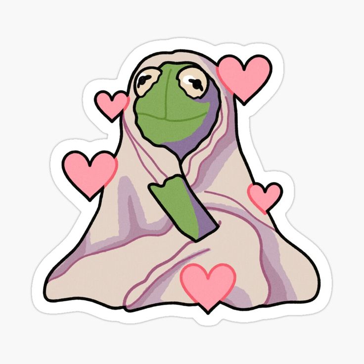 a green frog wrapped in a blanket with hearts on it's head sticker