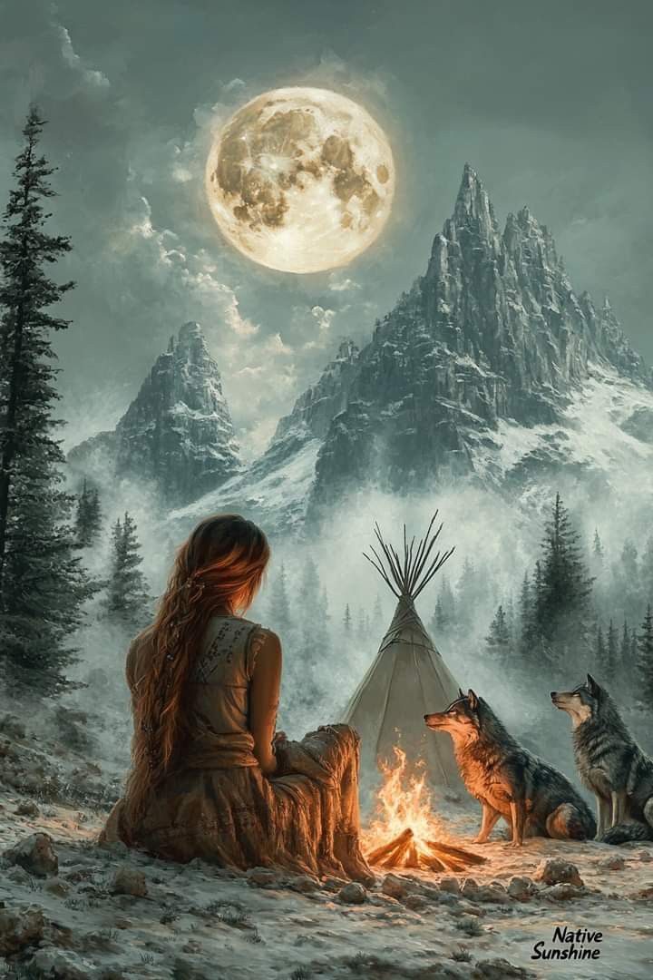 a woman sitting in front of a campfire with two wolfs next to her