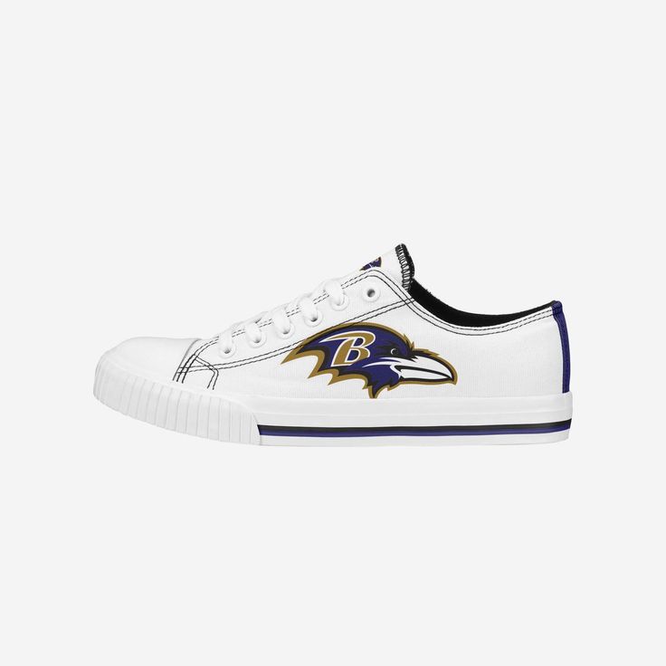 Baltimore Ravens Womens Big Logo Low Top White Canvas Shoes FOCO 6 - FOCO.com White Canvas Shoes, High Spirits, Fan Fashion, Baltimore Ravens, Bobble Head, Toe Designs, White Canvas, Face Cover, White Design