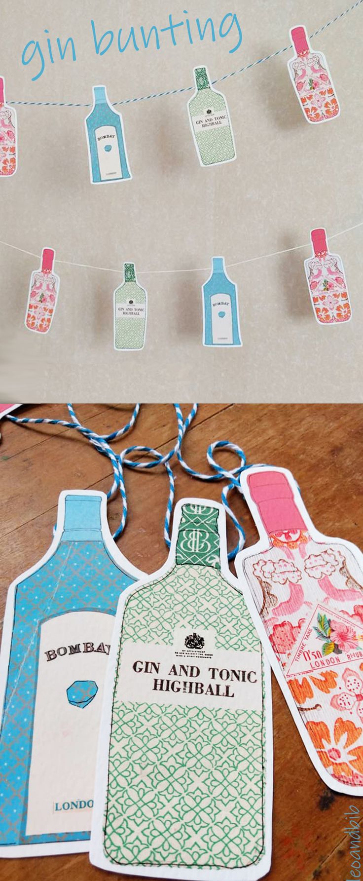 three tags are hanging on a string with clothes pins attached to them and some paper cutouts in the shape of bottles