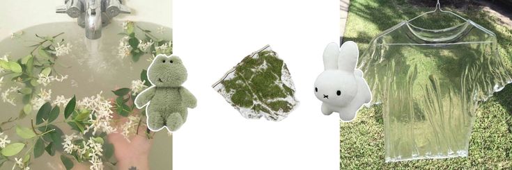 there are three different pictures one is green and the other has white stuffed animals hanging from clothes pins