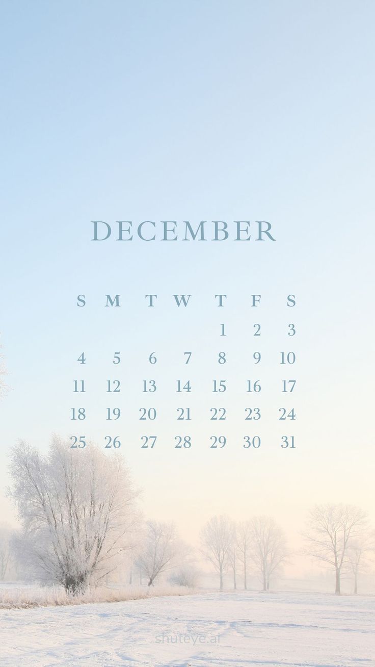 a calendar with trees in the background and snow on the ground for december written below