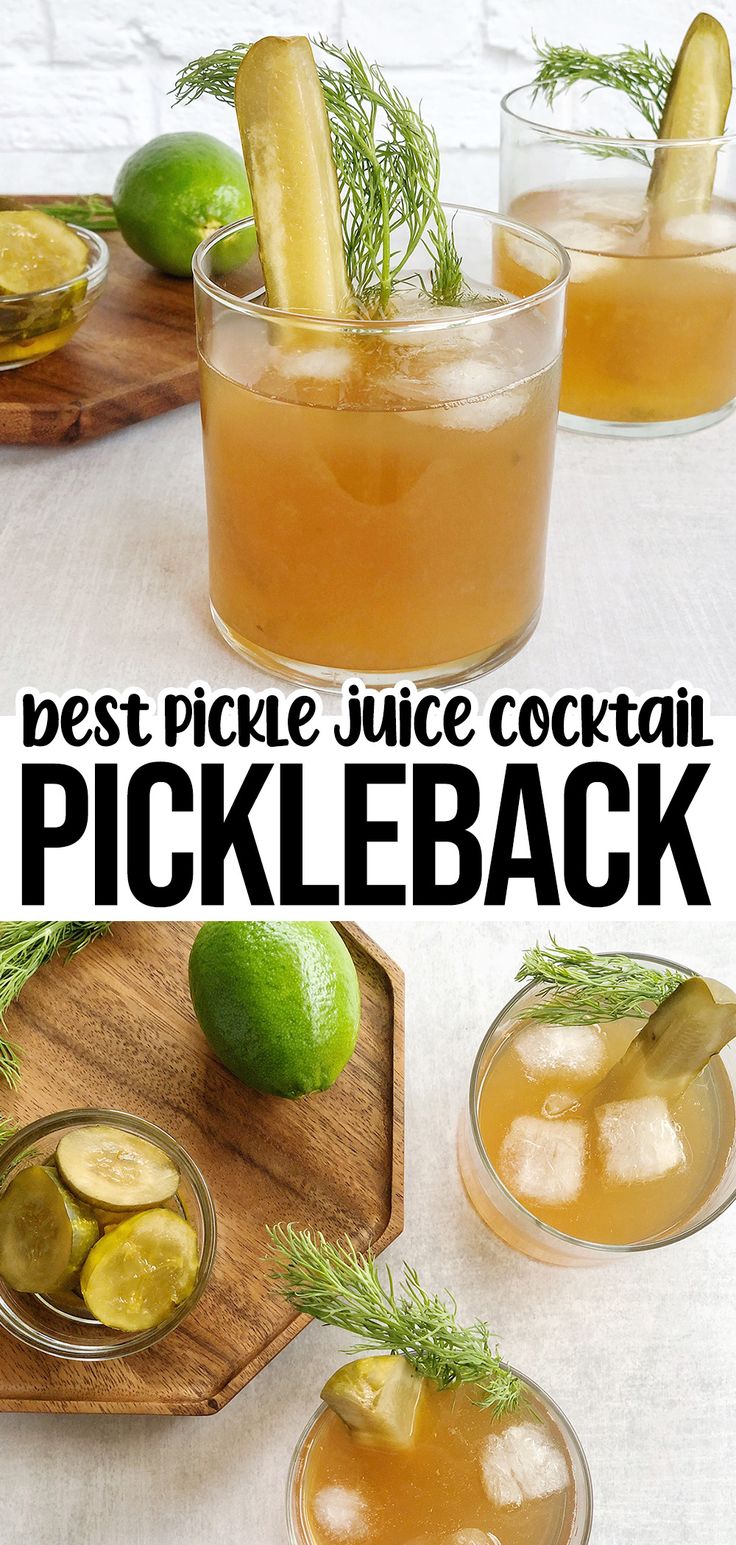 the best pickle juice cocktail recipe is in two glasses and garnished with fresh dill