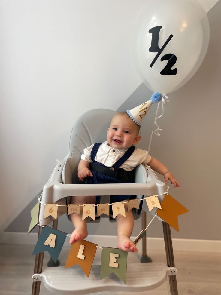 a baby sitting in a high chair with a birthday hat on and balloons floating above it