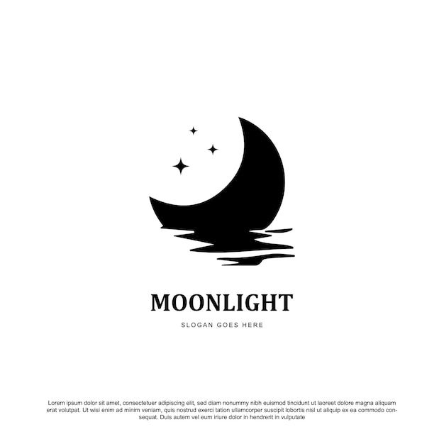 the moon is reflected in the water with stars on it's side, logo design