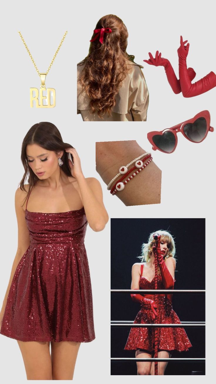 a woman in a red dress and accessories including sunglasses, bracelets, necklace with the word red on it