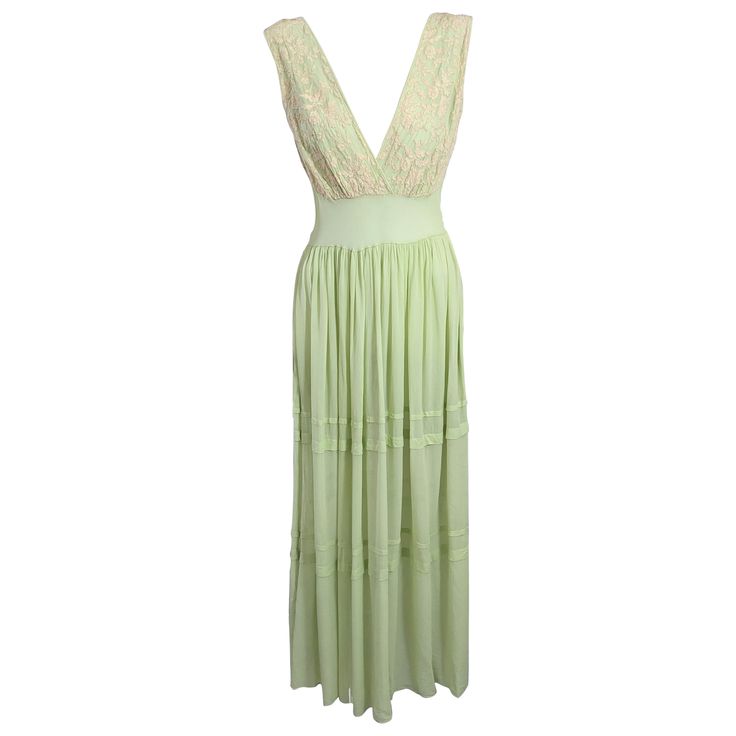 Rare and unusual apple jade green silk crepe chiffon slip dress. Of fine handmade alencon lace applique with horizontal tucking along skirt and deep V neckline. Size: Vintage size 34. Waist 25", Shoulder to waist 17", Skirt Length 39". 1930s French. Green Slip Dress, Verde Jade, Alencon Lace, Green Silk, Silk Crepe, Jade Green, Lace Applique, Skirt Length, Deep V