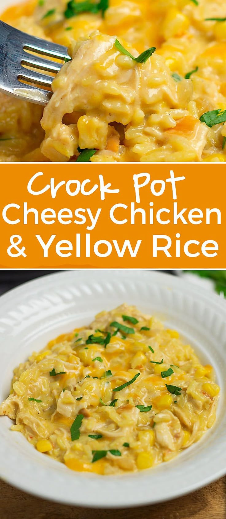 crock pot cheesy chicken and yellow rice on a plate with a fork