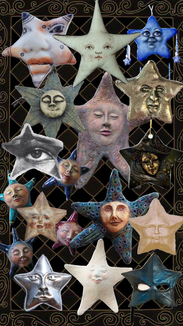 many different stars with faces on them