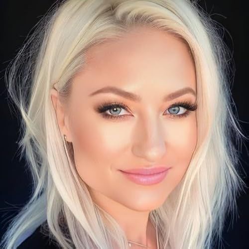 a woman with blonde hair and blue eyes is posing for a photo in front of a black background