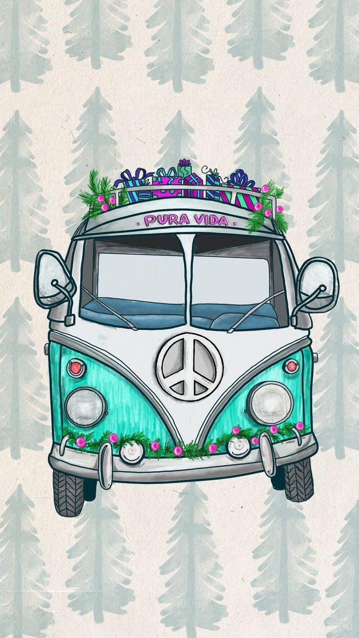 a vw bus with peace signs on the roof and trees in the back ground