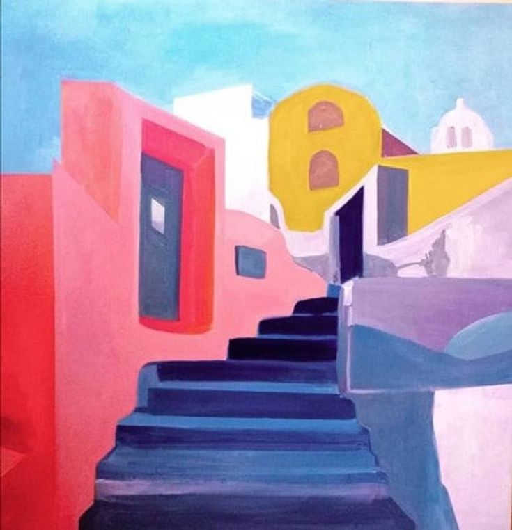 an abstract painting of stairs leading up to a yellow door in the middle of town