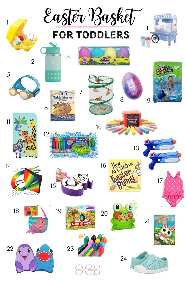 the easter basket for toddlers is shown with toys and books to help them learn how to