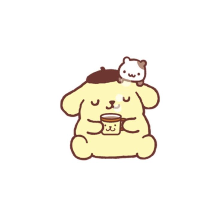 a cartoon bear holding a cup with a cat sitting on top of it's head