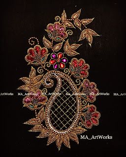 an embroidered design with flowers and leaves on black background, in the shape of a peacock