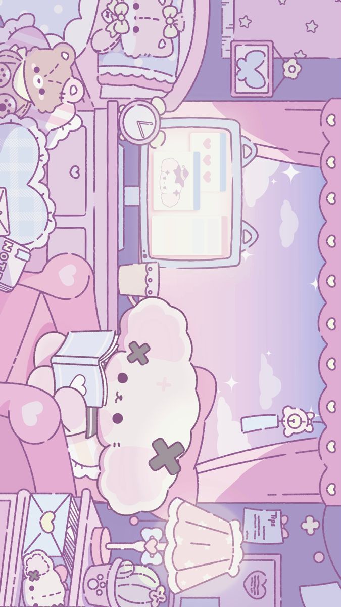 an image of a pink hello kitty wallpaper with many things in the room around it