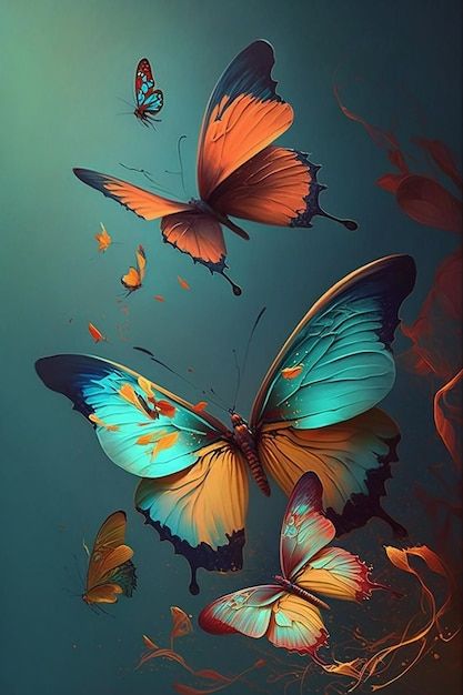 three butterflies flying in the air with blue and orange colors on their wings, all facing different directions