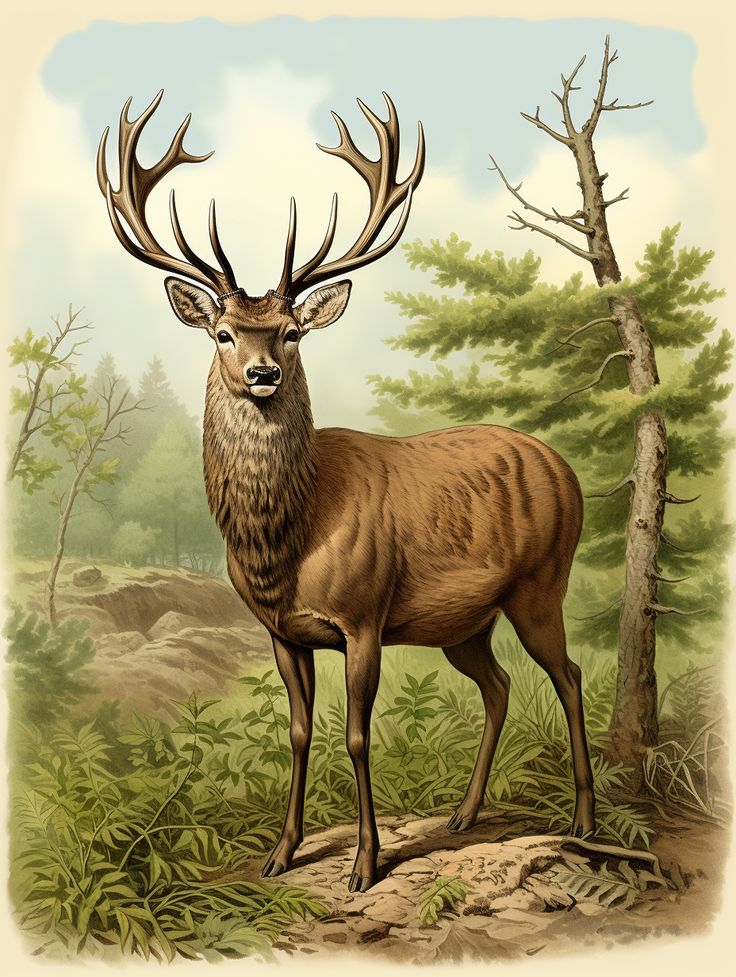 an illustration of a deer standing in the woods