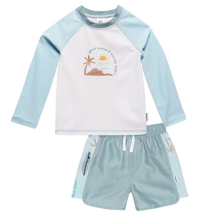 This baby boy and toddler boy rashguard set is the best way to enjoy a fun day of water play, whether you’re at the beach, pool, or just playing in the sprinklers. This fast-drying material is made with UPF 50+ for protection from harmful sun rays. The matching top and bottom provide everything you need for a safe, comfortable, and fashionable day of fun! Our essentials have been independently certified with STANDARD 100 by OEKO-TEX® so that you don’t have to worry about harmful substances in yo Blue Clothes, Baby Size Chart, Long Sleeve Rashguard, Gerber Baby, Sprinklers, Swimming Bathing Suits, Cotton Sleepwear, Swimwear Sets, Baby And Toddler