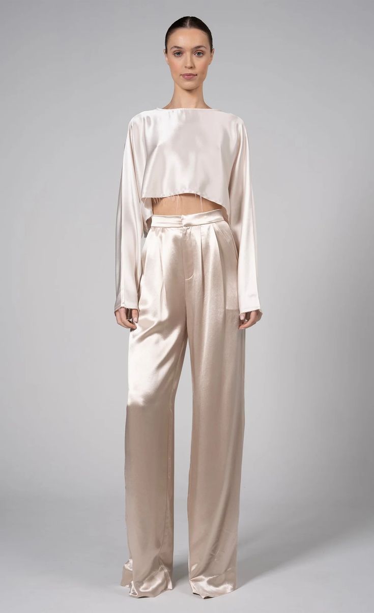 High-waisted, wide-leg pant - Paris Blush Neutral Elegant Outfit, Silk Cargo Pants Outfit, Satin Set Outfit, Silk Pants Outfit, Pisces Style, Neutral Wardrobe, Baddie Vibes, Silky Pants, Silk Wide Leg Pants