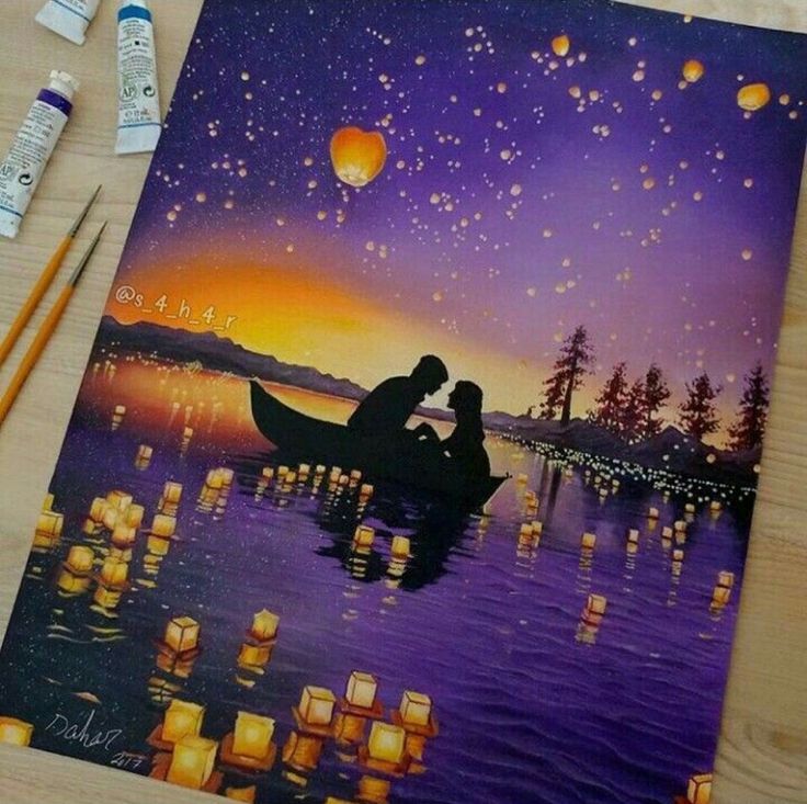 a painting of two people in a boat floating on water with lanterns flying above them