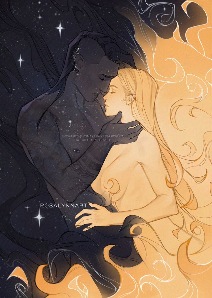 a man and woman are hugging in the night sky with stars above them on an orange background