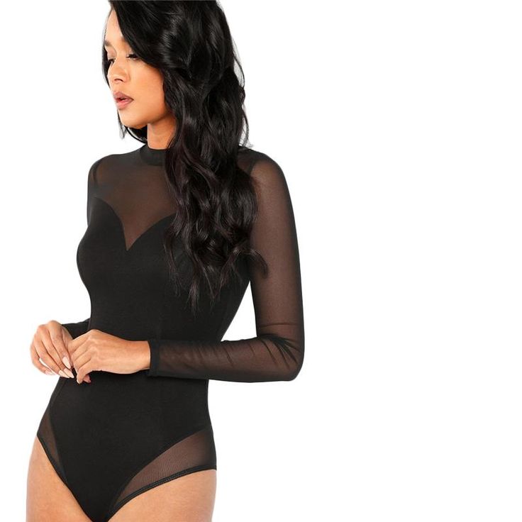 This simple chic bodysuit is simply perfect. Featuring long sleeves, mesh panels and fitted bodice. This bodysuit pairs perfectly with pants, jeans, skirts and leggings. Made with a polyester, spandex and mesh blend. Add your statement jewelry and you are ready to rock this look. Trendy Bodysuits, Black Mesh Bodysuit, Mesh Clothing, Turtleneck Bodysuit, Bodysuit Blouse, Black Office, Bodysuit Top, Body Suits, Teddy Lingerie