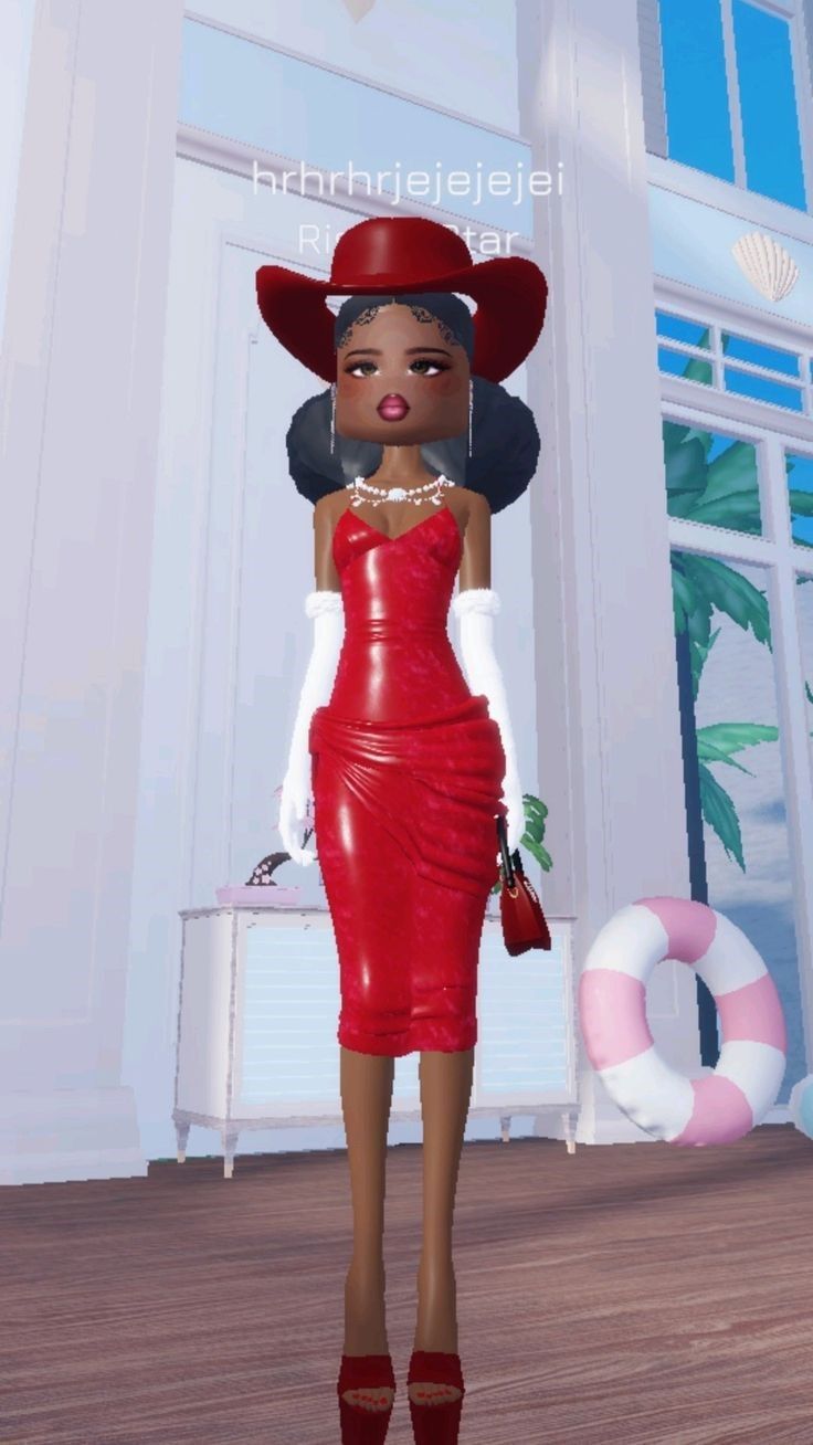 an animated woman in a red dress and hat