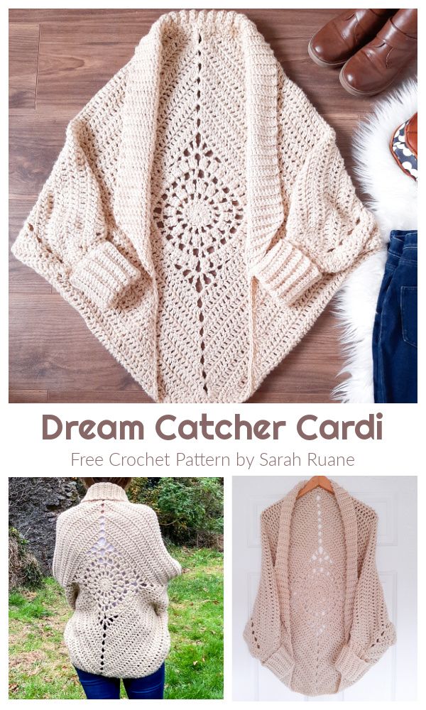 the crocheted sweater is shown with text that reads, dream catcher cardi free cr