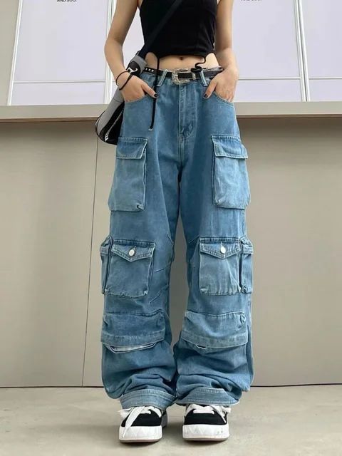 Multi-Pocket Y2k Retro High Street Blue Washed Cargo Pants Vintage Jeans Style, Celana Kargo, Festival Mode, Style Overalls, Denim Decor, Baggy Cargo Pants, High Street Fashion, Casual Wide Leg Pants, Cargo Pants Women