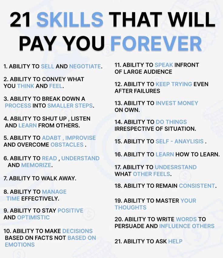 a poster with the words 21 skills that will pay you forever in blue and white