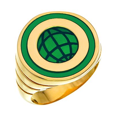 a green and gold ring with a globe in the center on it's side