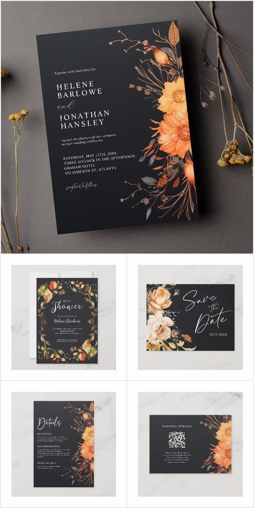 wedding stationery mockup with flowers and leaves on the front, in black and white