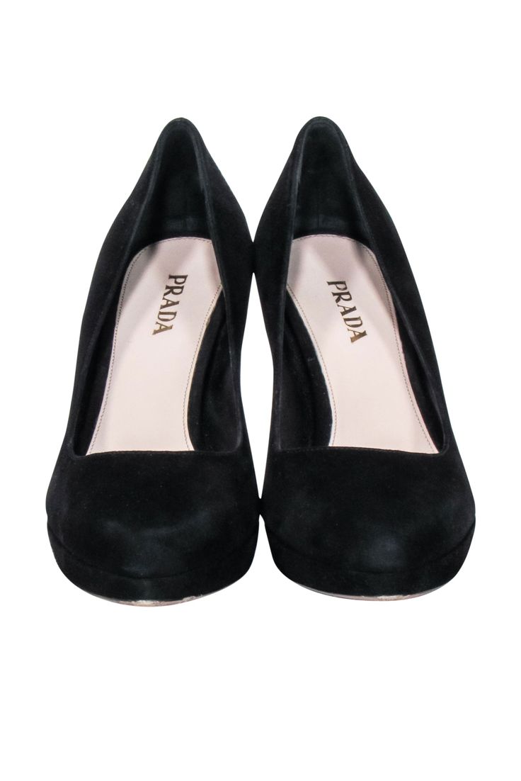 Step into the boardroom with confidence and class in these Prada-approved, sleek black suede pumps! Perfectly crafted with the "at the office" look in mind, these pumps now have you ready to take on the power of the dress code. Size 9.5 (IT 39.5) Made in Italy Suede upper Leather lining and sole Minor blemishes on suede and heel Heel height 3.5" Suede Pointed Toe Business Heels, Suede Pointed Toe Heels For Business, Classic Heels With Suede Lining For Office, Classic Suede Court Shoes For Work, Formal Suede Court Shoes With Padded Heel, Business Almond Toe Suede Heels, Suede Court Shoes With 4-inch Heel For Office, Classic Suede Court Shoes For Office, Round Toe Suede Lined Office Heels