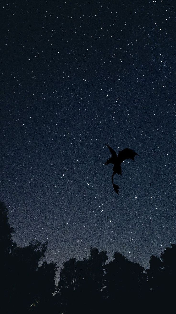 a bird flying in the night sky with stars and trees behind it at night time