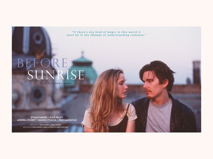 the movie before sunrise is shown with an image of a man and woman looking into each other's eyes